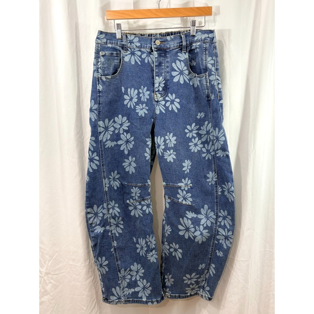 Blue Velvet Daisy Print Barrel Jeans Button Fly Floral Denim-Size: M Whimsy